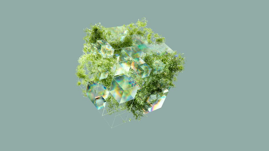 Digital abstract cube interwoven with lush greenery, symbolizing sustainability and technology